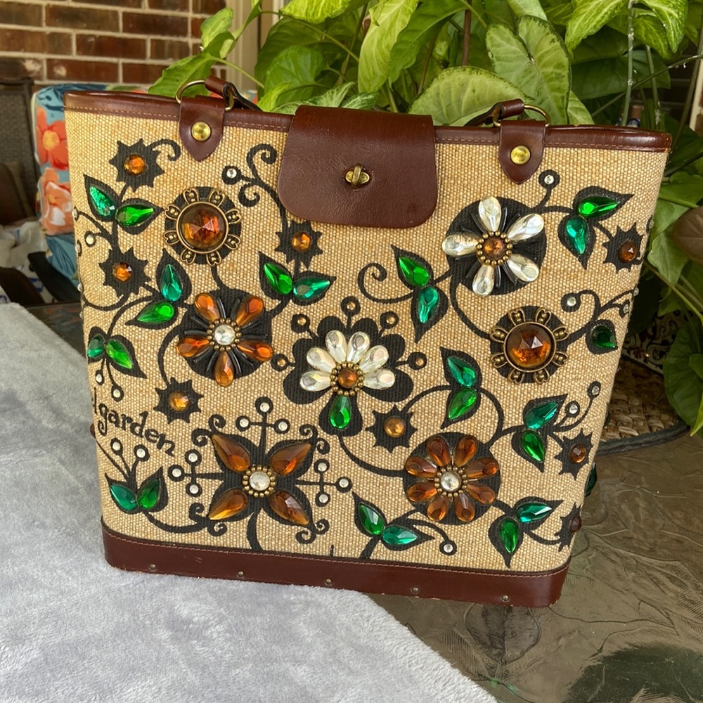 ENID COLLINS, original COLLINS of Texas jeweled handbag-RARE-wooden base, VGC.